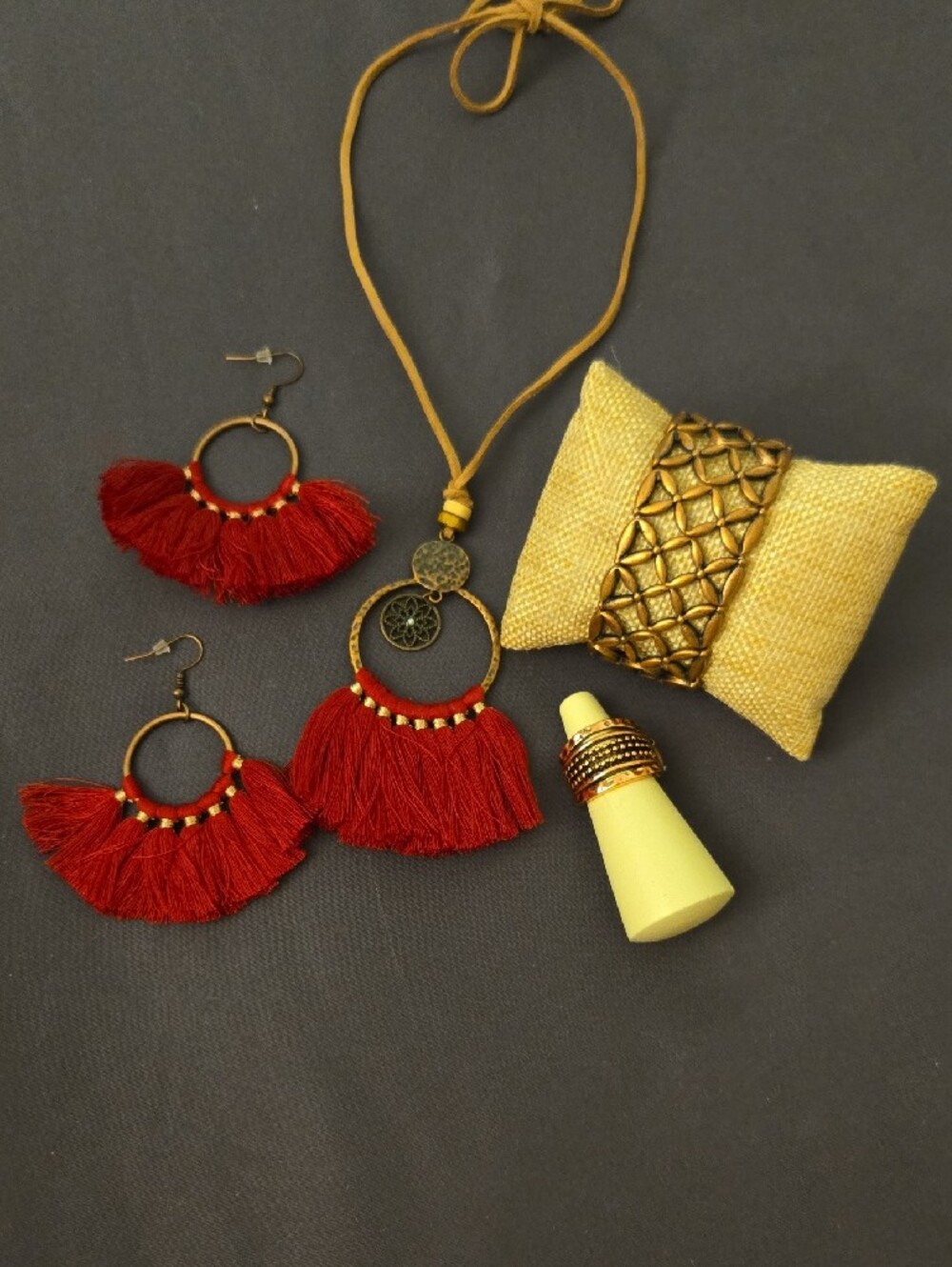 Copper-Tone Textured Cuff Bracelet and Red Tassel Hoop Earrings Set